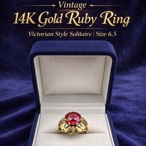 Vintage 14K Gold Ruby Ring Size 6.5 Victorian Style Solitaire